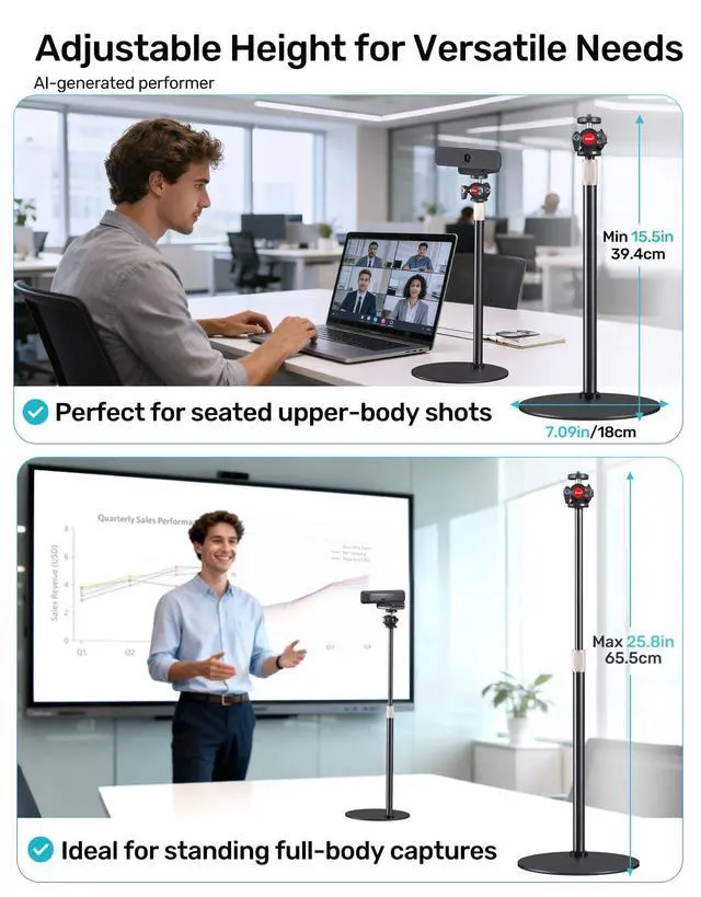 Alt view image 2 of 7 - Webcam Stand for Desk, Raise Height Desktop Stand with Adjustment, 360°Rotatable Ballhead Desktop Tripod for Live Streaming/Video Calling with 1/4" Thread