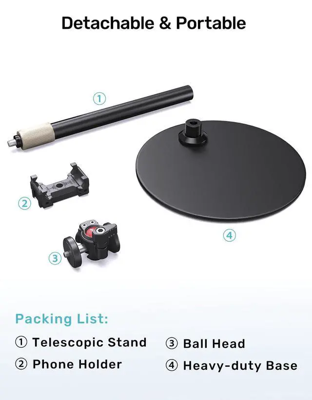 Alt view image 7 of 7 - Webcam Stand for Desk, Raise Height Desktop Stand with Adjustment, 360°Rotatable Ballhead Desktop Tripod for Live Streaming/Video Calling with 1/4" Thread