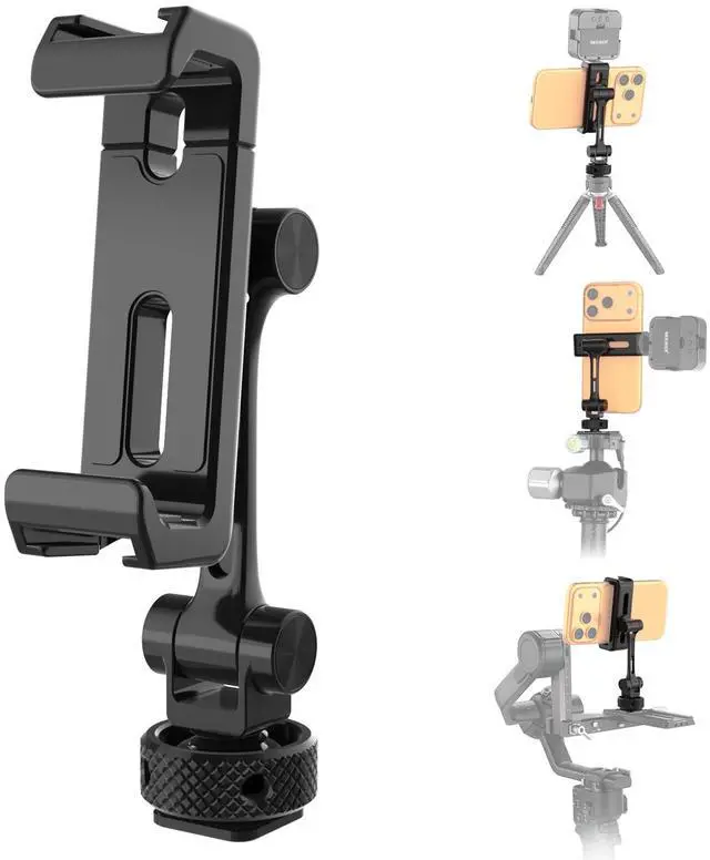 Main image of Universal Cell Phone Stand Holder with Cold Shoe, 1/4" Thread, 360° Swivel, 180° Tilt, 3 Axis Tripod Mount Adapter Compatible with iPhone Android Samsung Camera Cage Top Handle, PA154