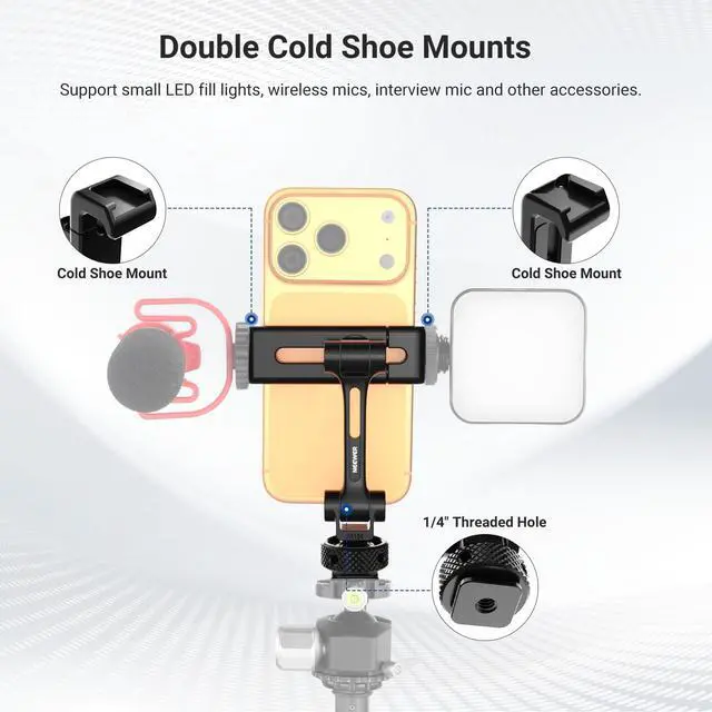 Alt view image 2 of 7 - Universal Cell Phone Stand Holder with Cold Shoe, 1/4" Thread, 360° Swivel, 180° Tilt, 3 Axis Tripod Mount Adapter Compatible with iPhone Android Samsung Camera Cage Top Handle, PA154