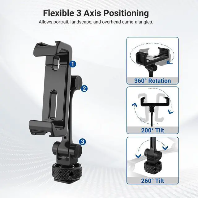 Alt view image 5 of 7 - Universal Cell Phone Stand Holder with Cold Shoe, 1/4" Thread, 360° Swivel, 180° Tilt, 3 Axis Tripod Mount Adapter Compatible with iPhone Android Samsung Camera Cage Top Handle, PA154