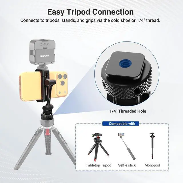 Alt view image 6 of 7 - Universal Cell Phone Stand Holder with Cold Shoe, 1/4" Thread, 360° Swivel, 180° Tilt, 3 Axis Tripod Mount Adapter Compatible with iPhone Android Samsung Camera Cage Top Handle, PA154