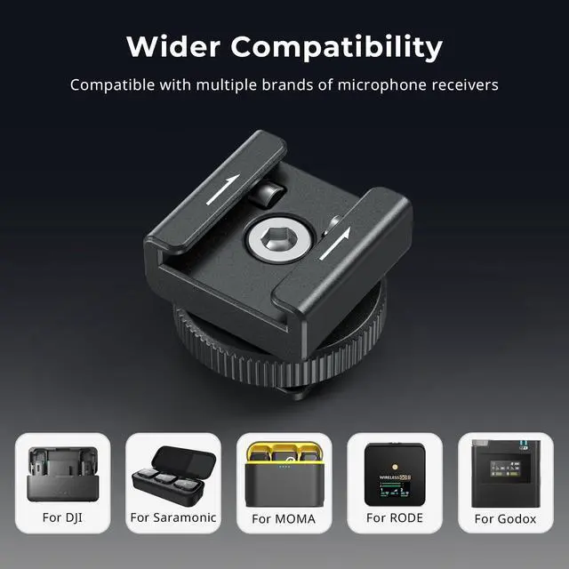 Alt view image 2 of 7 - Cold Shoe Mount Adapter for Wireless Microphone, for DJI Mic / Mic 2, for RODE Wireless Go II, for Saramonic BLink 900 B, for Hollyland C1, with 1/4"-20 Threaded Hole, Anti Drop Design - 4822