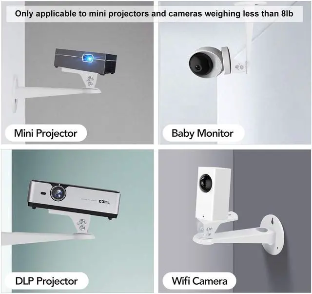 Alt view image 6 of 7 - Mini Projector Wall Mount Bracket, Universal 360° Rotation, 7.8in Adjustable Arm, for CCTV Security Camera, Webcam, Small Projector (White, 8 lbs)