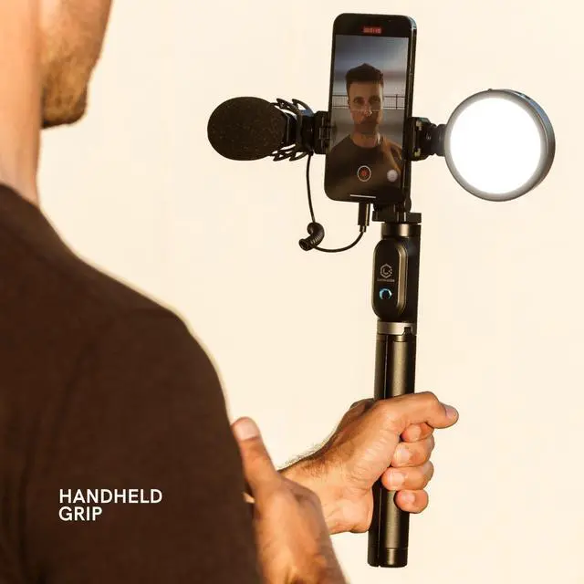 Alt view image 3 of 7 - Content Kit 2.0 - Portable Selfie Phone Grip with Adjustable Tripod Stand, LED Light & Built-in Audio Mic - Selfie Mobile Lighting Kit for Creators