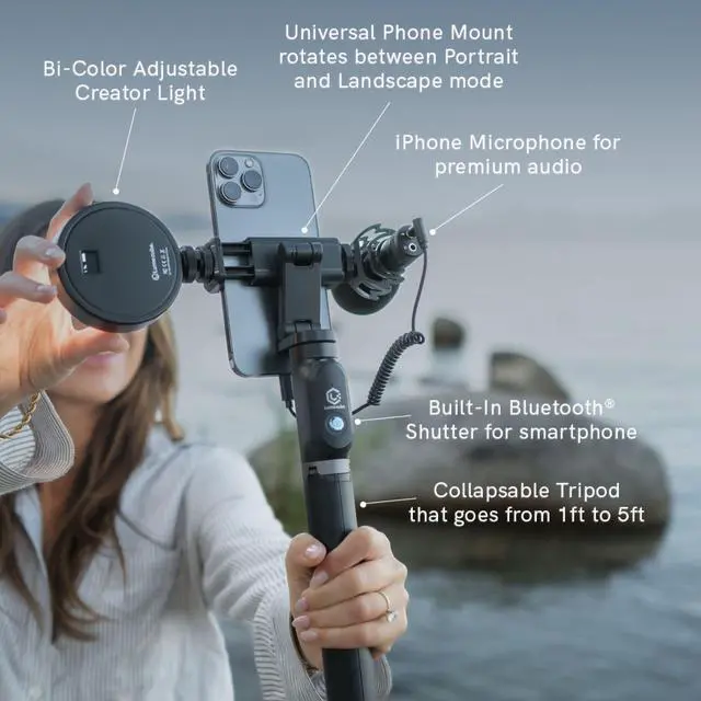 Alt view image 6 of 7 - Content Kit 2.0 - Portable Selfie Phone Grip with Adjustable Tripod Stand, LED Light & Built-in Audio Mic - Selfie Mobile Lighting Kit for Creators