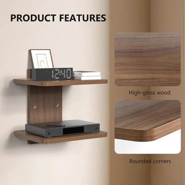 Alt view image 2 of 7 - Floating TV Shelf, 2 Tier Projector Shelf for DVD Players, Routers, Game Consoles, Cable Boxes, Living Room Decor Accessories, Wall Mount Shelves Holds Up to 22lbs (CS202N), 2-Shelf, Walnut Brown