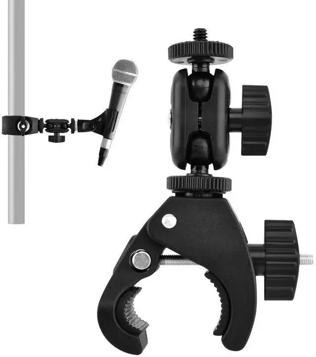 Main image of Mic Crab Clamp, Microphone Mount with Double Ball Head Adjustment 1/4" to 5/8" Copper Screw, Fits Most Mic Stand, Studio Recording, Drum Stand, Desktop Shelf(COLOR:black)
