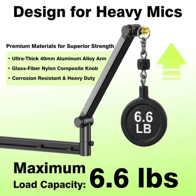 Alt view image 2 of 7 - Mic Arm Desk Mount (Design for Heavy Mic) 6.6lbs Load Capacity, Stable Gear Lock Never Sags, Metal Low Profile Microphone Boom Stand for Shure SM7B SM7dB MV7, Blue Yeti, Rode PodMic