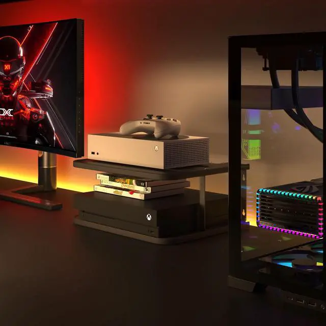 Alt view image 3 of 7 - Black Projector Wall Shelf/Floating Under TV Game Double Shelf Stand for Xbox, Router/Entertainment Center, Projector Holder Accessories