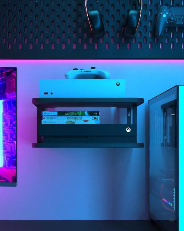 Alt view image 5 of 7 - Black Projector Wall Shelf/Floating Under TV Game Double Shelf Stand for Xbox, Router/Entertainment Center, Projector Holder Accessories