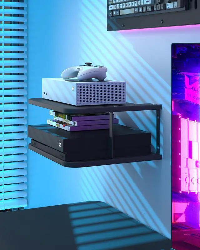 Alt view image 6 of 7 - Black Projector Wall Shelf/Floating Under TV Game Double Shelf Stand for Xbox, Router/Entertainment Center, Projector Holder Accessories