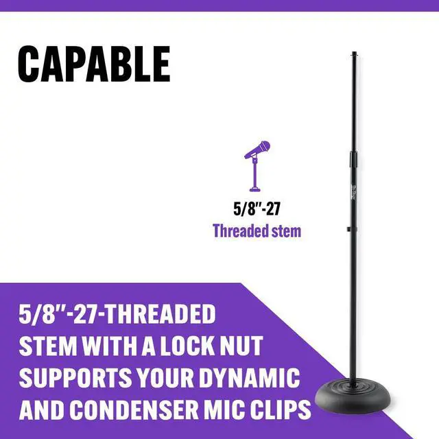 Alt view image 6 of 7 - MS7201B Round-Base Mic Stand (Supports Dynamic and Condenser Microphones, Height Adjustable 33"60", Standard 5/8"-27 Threading, 7 lb, 10" Metal Base, Rubber Feet, Cable-Management Clip)
