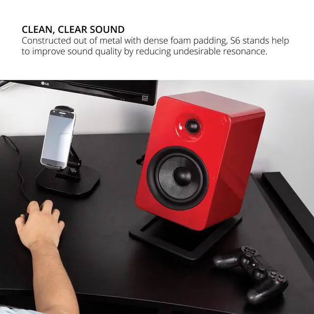 Alt view image 5 of 7 - S6 Tilted Desktop Speaker Stands for Large Bookshelf Speakers & Full-Size 5-7 Studio Monitors | Supports 20 lbs | Damping Foam Padding | ¼-20 Mounting | Pair | Black