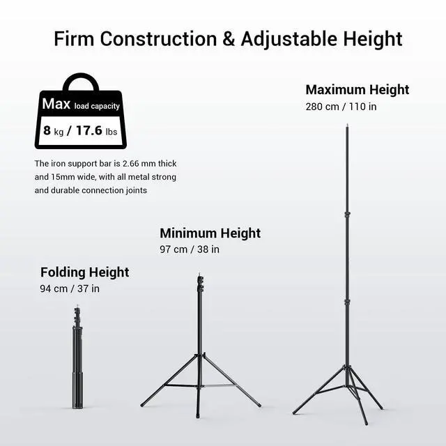 Alt view image 2 of 7 - Photography Light Stand 110"/9.2ft/280cm, Air-Cushioned Aluminum Photo Video Tripod Stand with 1/4" Screw for Softbox, Studio Light, Reflector and Ring Light, Max Load 8kg, RA-S280