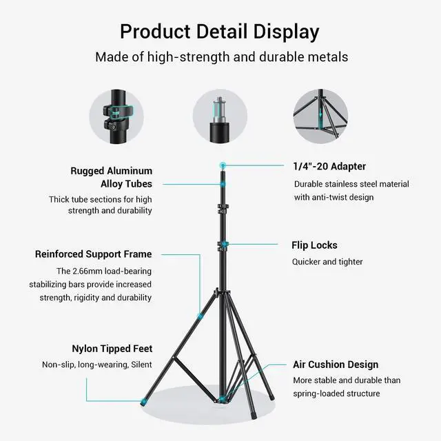 Alt view image 4 of 7 - Photography Light Stand 110"/9.2ft/280cm, Air-Cushioned Aluminum Photo Video Tripod Stand with 1/4" Screw for Softbox, Studio Light, Reflector and Ring Light, Max Load 8kg, RA-S280