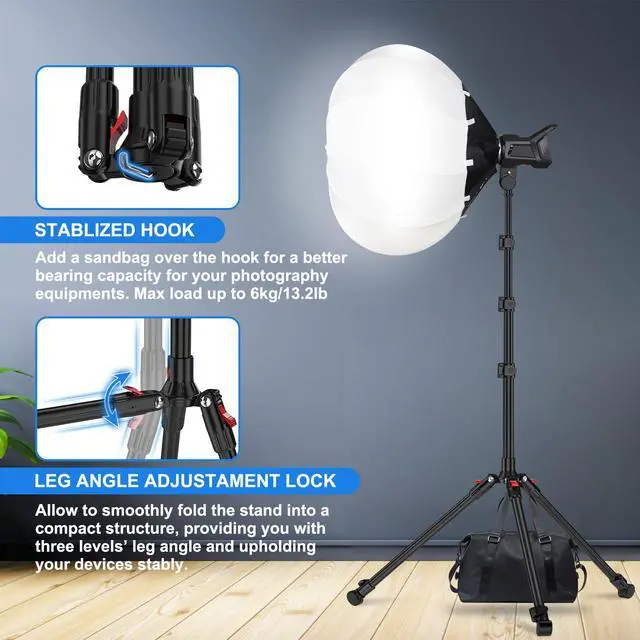 Alt view image 5 of 7 - Extendable Light Stand Photography, 6.6ft/2m Light Tripod Stand for Travel, 13lb/6kg Heavy Duty Studio Lighting Stand for Continue Output Lighting, Flash, Strobe, Webcams, Camera, Softbox