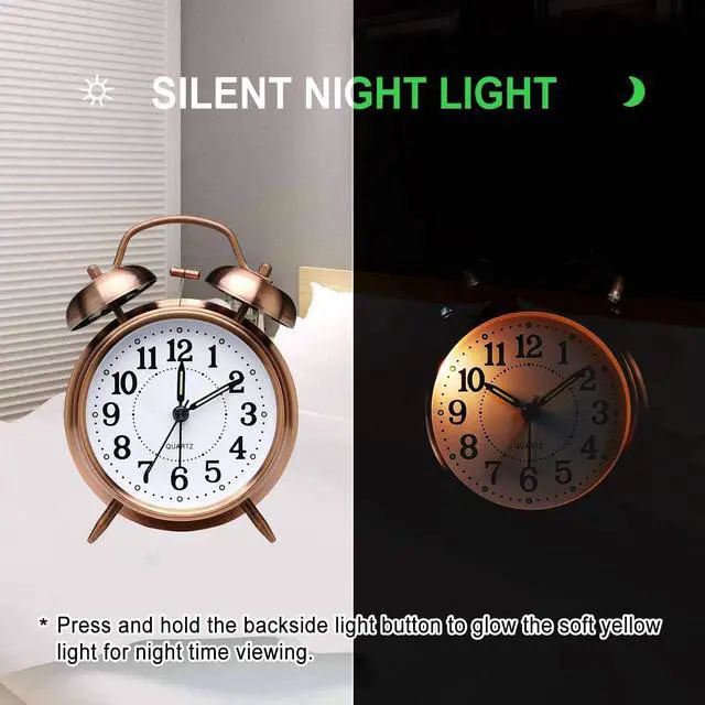 Alt view image 4 of 7 - Loud Alarm Clock for Heavy Sleepers Adults, Metal 4 Inches Twin Bell Battery Operated Alarm Clocks for Bedrooms Decoration, Silent Non-Ticking, Back-to-School Gift (Red Brown)