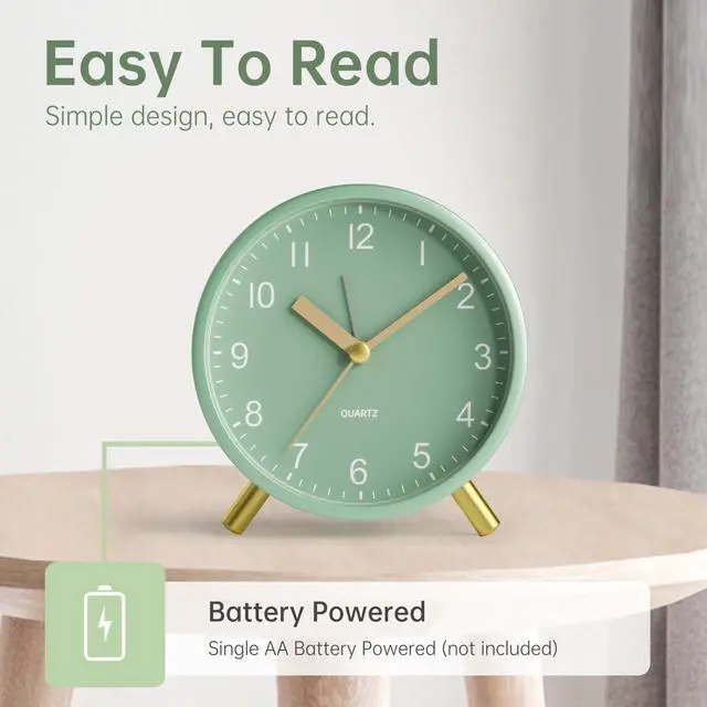 Alt view image 3 of 7 - Analog Alarm Clock, 4 inch Super Silent Non Ticking Small Clock with Night Light, Battery Operated, Simple Design, Easy Setting for Office, Bedroom, Bedside, Desk, Teens, Elders, Adult, Green