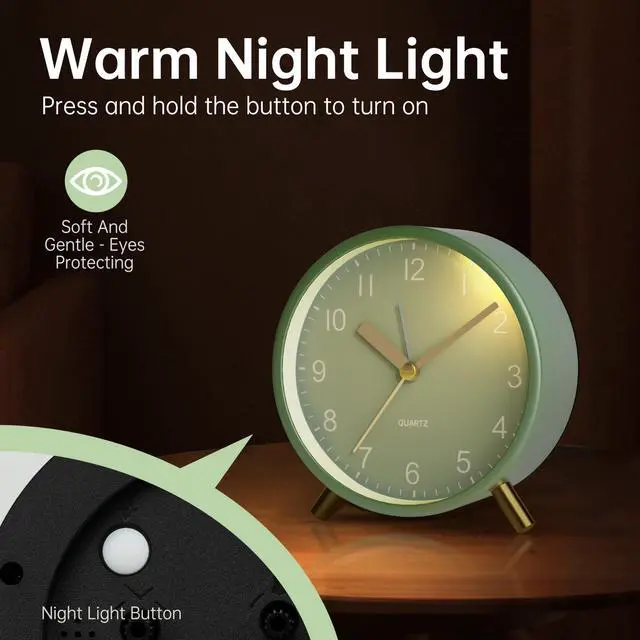 Alt view image 4 of 7 - Analog Alarm Clock, 4 inch Super Silent Non Ticking Small Clock with Night Light, Battery Operated, Simple Design, Easy Setting for Office, Bedroom, Bedside, Desk, Teens, Elders, Adult, Green