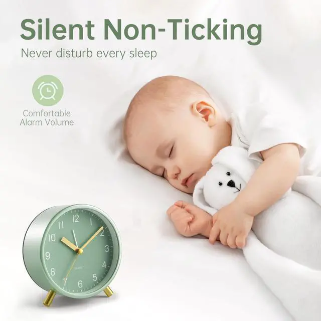 Alt view image 2 of 7 - Analog Alarm Clock, 4 inch Super Silent Non Ticking Small Clock with Night Light, Battery Operated, Simple Design, Easy Setting for Office, Bedroom, Bedside, Desk, Teens, Elders, Adult, Green