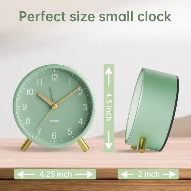 Alt view image 7 of 7 - Analog Alarm Clock, 4 inch Super Silent Non Ticking Small Clock with Night Light, Battery Operated, Simple Design, Easy Setting for Office, Bedroom, Bedside, Desk, Teens, Elders, Adult, Green