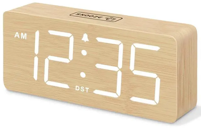 Main image of Wooden Digital Alarm Clock for Bedroom - Desk Clocks for Living Room with Large Numbers, Dimmer, Loud Alarm for Heavy Sleepers with Volume Control, DST, Office Wood Decor (Plug in Clock)