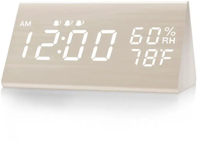 Main image of Wooden Digital Alarm Clock for Bedrooms and Office, 3 Alarms with Big Digits, Humidity and Temperature Display, 6-Level Dimmer, Snooze, Loud Desk Clock for Heavy Sleepers, Plug in (White)