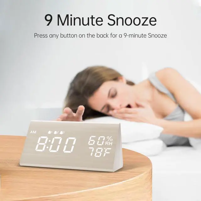 Alt view image 3 of 7 - Wooden Digital Alarm Clock for Bedrooms and Office, 3 Alarms with Big Digits, Humidity and Temperature Display, 6-Level Dimmer, Snooze, Loud Desk Clock for Heavy Sleepers, Plug in (White)