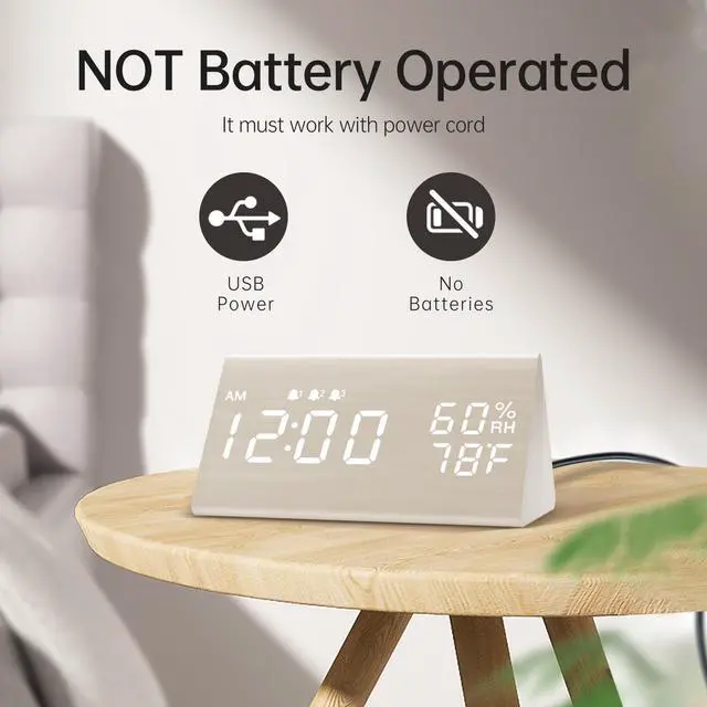 Alt view image 2 of 7 - Wooden Digital Alarm Clock for Bedrooms and Office, 3 Alarms with Big Digits, Humidity and Temperature Display, 6-Level Dimmer, Snooze, Loud Desk Clock for Heavy Sleepers, Plug in (White)