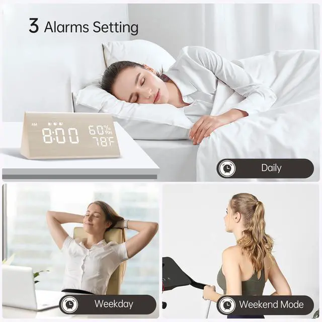 Alt view image 5 of 7 - Wooden Digital Alarm Clock for Bedrooms and Office, 3 Alarms with Big Digits, Humidity and Temperature Display, 6-Level Dimmer, Snooze, Loud Desk Clock for Heavy Sleepers, Plug in (White)