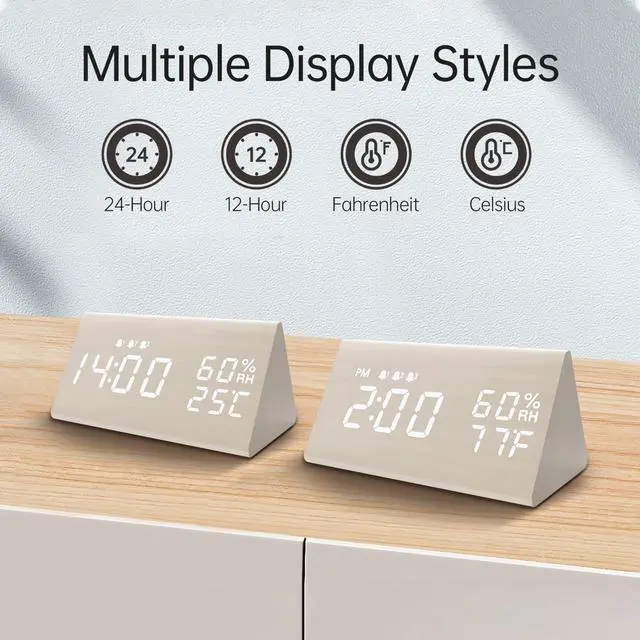 Alt view image 6 of 7 - Wooden Digital Alarm Clock for Bedrooms and Office, 3 Alarms with Big Digits, Humidity and Temperature Display, 6-Level Dimmer, Snooze, Loud Desk Clock for Heavy Sleepers, Plug in (White)