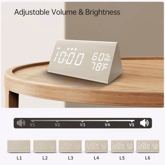 Alt view image 4 of 7 - Wooden Digital Alarm Clock for Bedrooms and Office, 3 Alarms with Big Digits, Humidity and Temperature Display, 6-Level Dimmer, Snooze, Loud Desk Clock for Heavy Sleepers, Plug in (White)