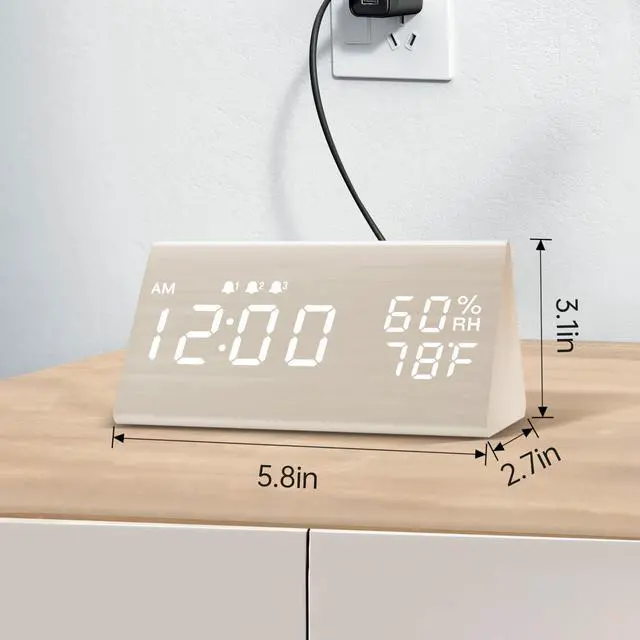 Alt view image 7 of 7 - Wooden Digital Alarm Clock for Bedrooms and Office, 3 Alarms with Big Digits, Humidity and Temperature Display, 6-Level Dimmer, Snooze, Loud Desk Clock for Heavy Sleepers, Plug in (White)