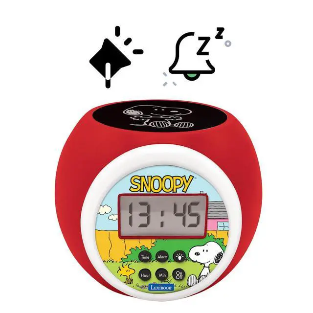 Alt view image 3 of 7 - Peanuts Snoopy Projector Alarm Clock with Star Projection, Night Light Timer, Snooze Function, Blue Backlit LCD Display, Red/White, RL977PN