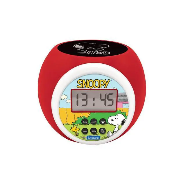 Alt view image 2 of 7 - Peanuts Snoopy Projector Alarm Clock with Star Projection, Night Light Timer, Snooze Function, Blue Backlit LCD Display, Red/White, RL977PN