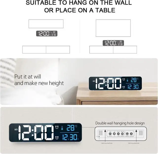 Alt view image 7 of 7 - Digital Clock, Clock For Bedroom, Clocks For Living Room Decor, Desk Table Clock, Alarm Clock Large Display with Date Week Temperature, Automatic Brightness Dimmer, Smart Cool Modern (White Blue)