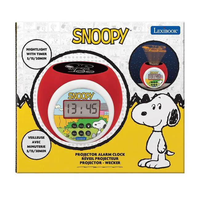 Alt view image 6 of 7 - Peanuts Snoopy Projector Alarm Clock with Star Projection, Night Light Timer, Snooze Function, Blue Backlit LCD Display, Red/White, RL977PN