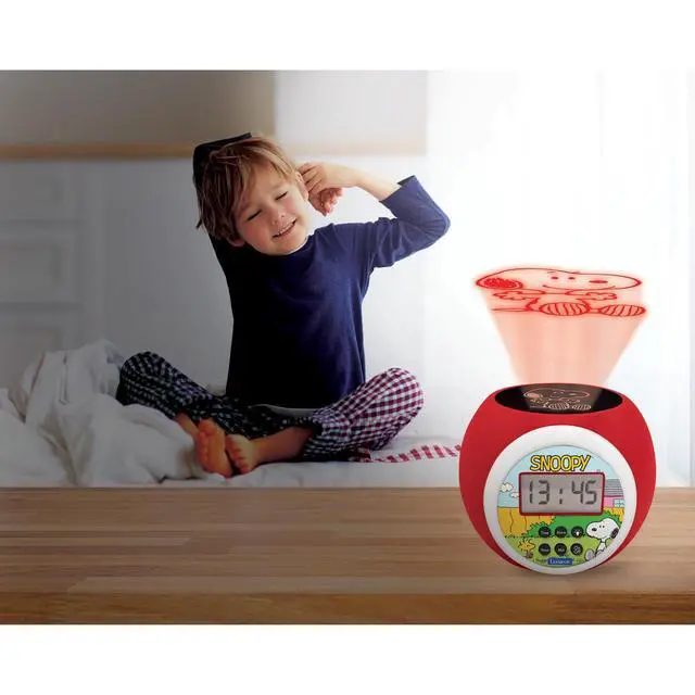 Alt view image 7 of 7 - Peanuts Snoopy Projector Alarm Clock with Star Projection, Night Light Timer, Snooze Function, Blue Backlit LCD Display, Red/White, RL977PN