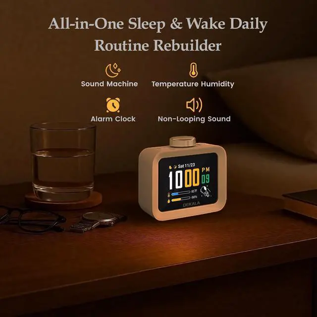 Alt view image 3 of 7 - AuraDot Cute Aalarm Clock Temperature Humidity Monitor, White Noise Sound Machine for Sleep 30 Non-Loop Soothing Sounds, Animationed Sleep Screen, 7-Day Programmable 4 Alarm Clock