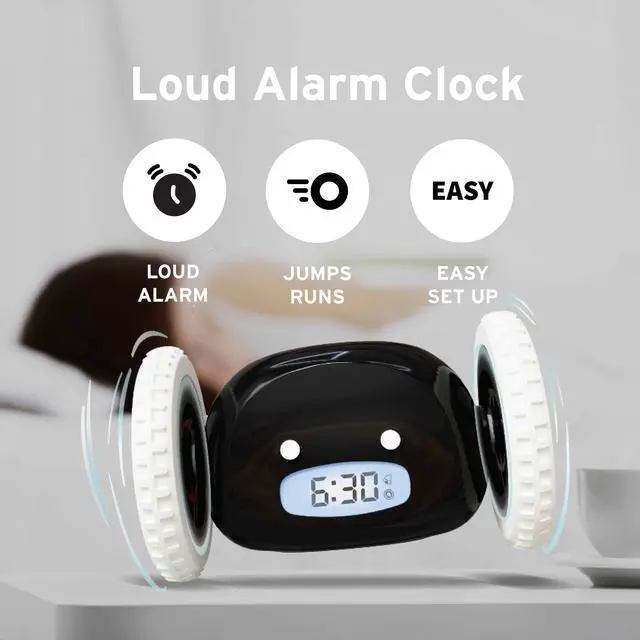 Alt view image 2 of 7 - Alarm Clock on Wheels Loud Rolling Alarm Clock for Heavy Sleepers | Runaway Clock that Jumps & Runs to Wake You Up | Funny Unique Gift for Adults, Teens & Kids Bedrooms (Black)