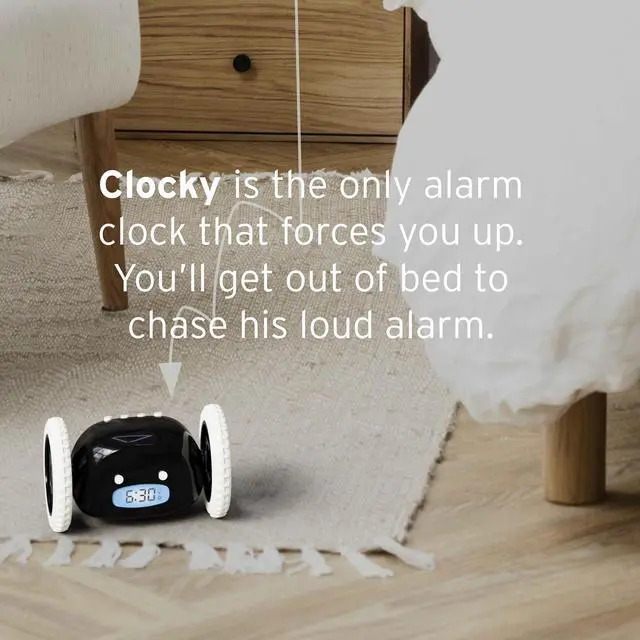 Alt view image 3 of 7 - Alarm Clock on Wheels Loud Rolling Alarm Clock for Heavy Sleepers | Runaway Clock that Jumps & Runs to Wake You Up | Funny Unique Gift for Adults, Teens & Kids Bedrooms (Black)
