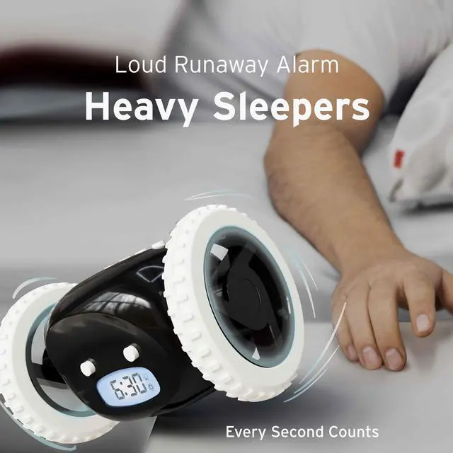 Alt view image 4 of 7 - Alarm Clock on Wheels Loud Rolling Alarm Clock for Heavy Sleepers | Runaway Clock that Jumps & Runs to Wake You Up | Funny Unique Gift for Adults, Teens & Kids Bedrooms (Black)