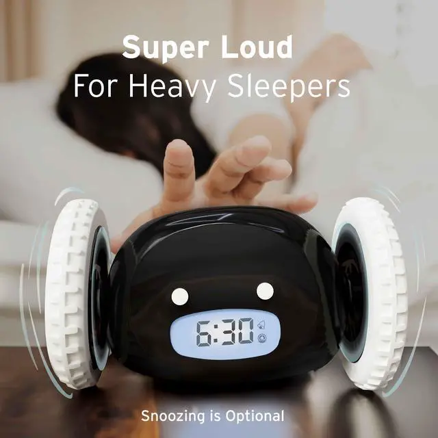 Alt view image 5 of 7 - Alarm Clock on Wheels Loud Rolling Alarm Clock for Heavy Sleepers | Runaway Clock that Jumps & Runs to Wake You Up | Funny Unique Gift for Adults, Teens & Kids Bedrooms (Black)