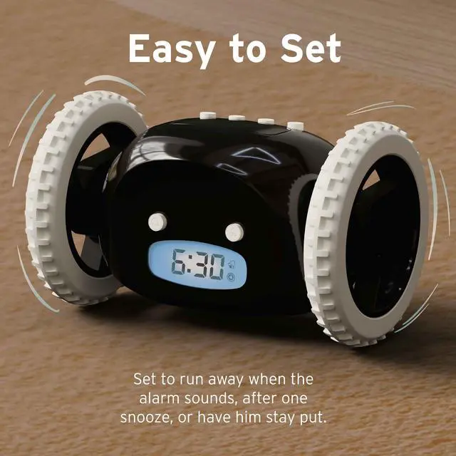 Alt view image 6 of 7 - Alarm Clock on Wheels Loud Rolling Alarm Clock for Heavy Sleepers | Runaway Clock that Jumps & Runs to Wake You Up | Funny Unique Gift for Adults, Teens & Kids Bedrooms (Black)