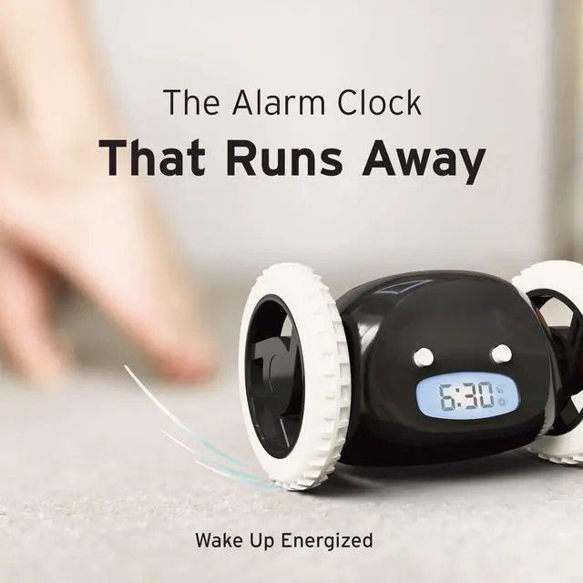 Alt view image 7 of 7 - Alarm Clock on Wheels Loud Rolling Alarm Clock for Heavy Sleepers | Runaway Clock that Jumps & Runs to Wake You Up | Funny Unique Gift for Adults, Teens & Kids Bedrooms (Black)
