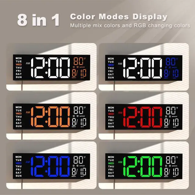 Alt view image 3 of 7 - 16" Large Digital Wall Clock with Remote, Big LED for Seniors, Auto Dimming, 8 RGB Colors, Night Light, Count Down Timer, Alarm, DST, Temperature for Living Room, Back to School Classroom