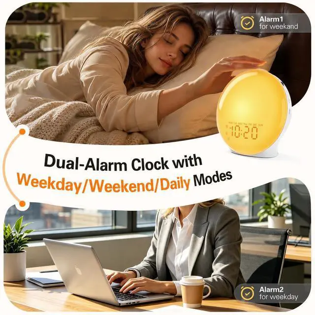 Alt view image 3 of 7 - Full-Screen Wake Up Light Sunrise Alarm Clocks for Bedrooms, White Noise Machine for Heavy Sleepers, 25 Natural Sounds, Dual Alarms, FM Radio, 17 Dimmable Colors, Bluetooth Speaker
