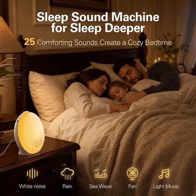 Alt view image 4 of 7 - Full-Screen Wake Up Light Sunrise Alarm Clocks for Bedrooms, White Noise Machine for Heavy Sleepers, 25 Natural Sounds, Dual Alarms, FM Radio, 17 Dimmable Colors, Bluetooth Speaker