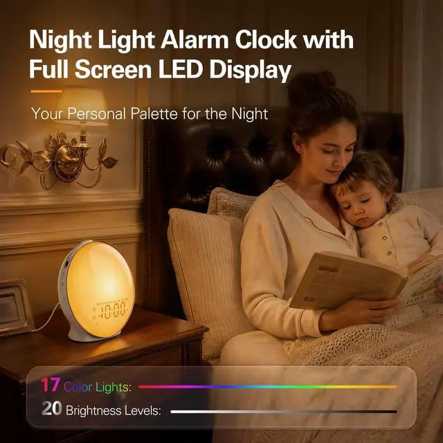 Alt view image 6 of 7 - Full-Screen Wake Up Light Sunrise Alarm Clocks for Bedrooms, White Noise Machine for Heavy Sleepers, 25 Natural Sounds, Dual Alarms, FM Radio, 17 Dimmable Colors, Bluetooth Speaker